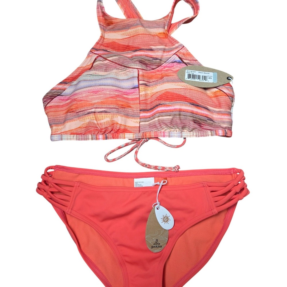Prana Azzra Bikini Top Swim Set Stripe High Neck Top Strappy Bottoms Peach